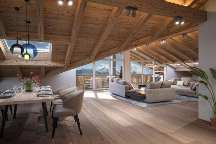 Beispiel für die Dachgeschosswohnung mit offenem Wohn- und Essbereich.